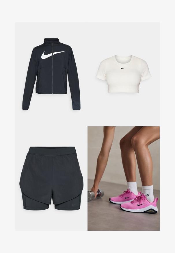Giacca sportiva nera con zip completa, colletto alto, maniche lunghe e grande logo swoosh bianco Nike sul petto.; T-shirt bianca cropped in tessuto a coste, con maniche corte e collo rotondo; presenta un piccolo logo Nike nero sul petto.; Shorts sportivi neri con un design a strati, caratterizzati da uno strato esterno morbido e da pantaloni interni aderenti. Realizzati in tessuto leggero e elasticizzato.; Scarpe da ginnastica Nike rosa con tomaia in rete, dettagli neri e suola bianca, indossate con calze bianche, accanto a un manubrio argentato.