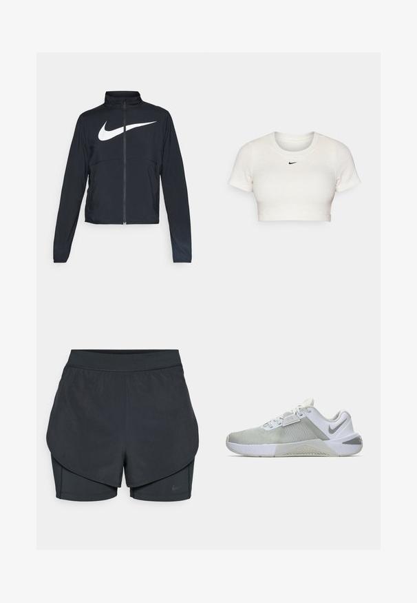 Chaqueta deportiva negra de cremallera completa con cuello alto, mangas largas y gran logo de Nike en blanco en el pecho.; Camiseta blanca recortada hecha de tela acanalada con mangas cortas y cuello redondo; presenta un pequeño logo negro de Nike en el pecho.; Pantalones cortos deportivos negros con un diseño en capas, que cuentan con una capa exterior suave y pantalones cortos interiores ajustados. Fabricados con una tela ligera y elástica.; Zapatilla deportiva blanca y gris con tejido texturizado, un collar acolchado y una suela de goma. Presenta un logo lateral y detalles dimensionales en la parte superior.