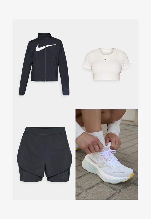 Zwarte sportjas met volledige rits, hoge kraag, lange mouwen en groot wit Nike swoosh-logo op de borst.; Korte witte T-shirt van geribd materiaal met korte mouwen en een ronde hals; heeft een klein zwart Nike-logo op de borst.; Zwarte sportshorts met een gelaagd ontwerp, voorzien van een gladde buitenlaag en aansluitende binnen shorts. Gemaakt van lichtgewicht, rekbare stof.; Saucony HURRICANE 24 - Hardloopschoenen voor op de weg - white