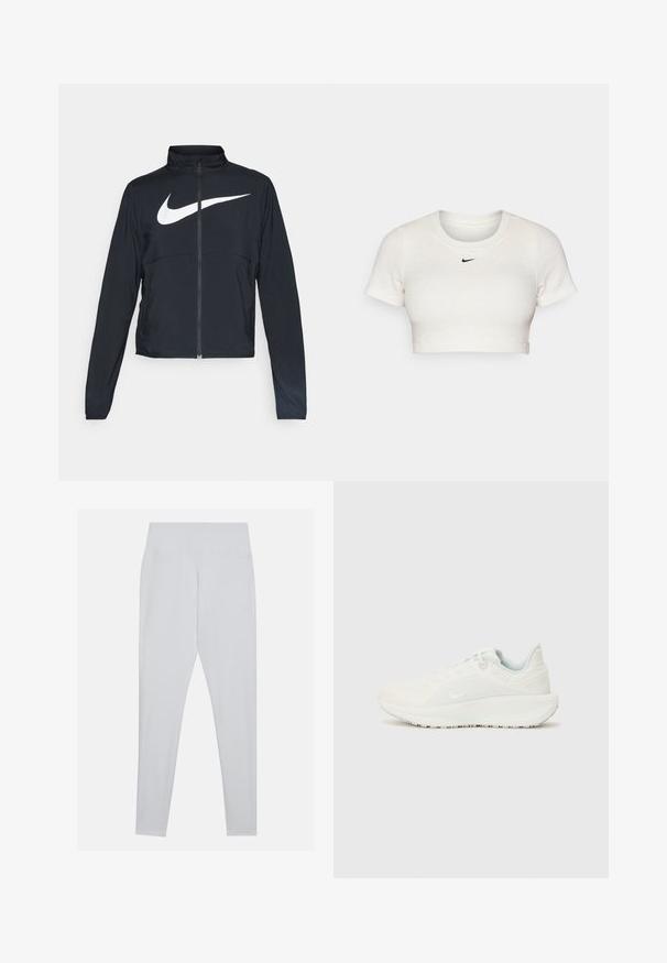 Čierna športová bunda na zips s vysokým golierom, dlhými rukávmi a veľkým bielym logom Nike na hrudi.; Zkrátené bílé tričko vyrobené z žebrované látky s krátkými rukávy a kulatým výstřihem; na hrudi se nachází malé černé logo Nike.; Biele legíny vyrobené z elastického materiálu, s vysokým pásom, hladkou textúrou a bez viditeľných švov alebo ozdôb.; Biele športové topánky s textúrovaným zvrškom, vypolstrovaným golierom a šnurovaním. Majú zakrivenú podrážku a decentné logo na boku.