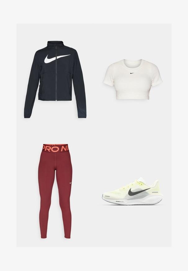 Giacca sportiva nera con zip completa, colletto alto, maniche lunghe e grande logo swoosh bianco Nike sul petto.; T-shirt bianca cropped in tessuto a coste, con maniche corte e collo rotondo; presenta un piccolo logo Nike nero sul petto.; Leggings bordeaux con una larga cintura arancione "PRO NIKE". Realizzati in tessuto elastico, presentano un piccolo logo Nike bianco sulla gamba inferiore.; Scarpe da corsa Nike con una tomaia in rete giallo chiaro e bianco, dettagli grigi e una suola in gomma flessibile. Presentano una chiusura con lacci.