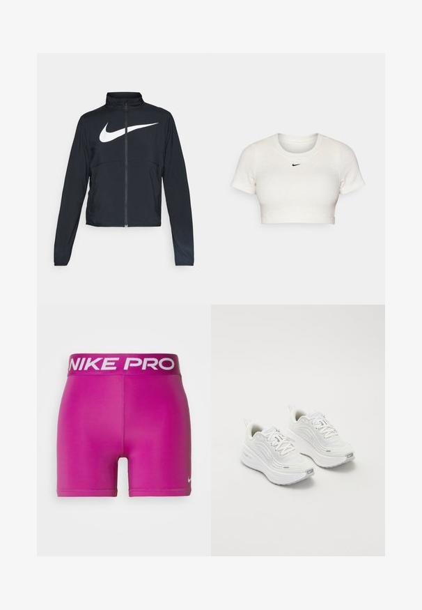 Veste de sport noire zippée sur toute la longueur avec un col haut, des manches longues et un grand logo Nike swoosh blanc sur la poitrine.; T-shirt blanc court en tissu côtelé avec des manches courtes et un col rond ; présente un petit logo Nike noir sur la poitrine.; Nike Performance SHORT - Leggings - hot fuchsia; Baskets de sport blanches avec une tige en maille texturée, une semelle rembourrée et de subtils accents gris. Comprend un logo et une languette en boucle au talon pour un enfilage facile.