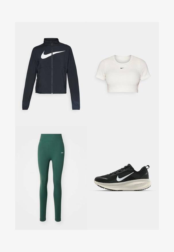 Veste de sport noire zippée sur toute la longueur avec un col haut, des manches longues et un grand logo Nike swoosh blanc sur la poitrine.; T-shirt blanc court en tissu côtelé avec des manches courtes et un col rond ; présente un petit logo Nike noir sur la poitrine.; Leggings verts avec une texture lisse, taille haute et un discret logo à l'avant. Design ajusté et couverture pleine longueur.; Baskets de course noir Nike avec tige respirante en mesh, logo swoosh blanc, détails texturés et semelle intermédiaire ZoomX de couleur crème.