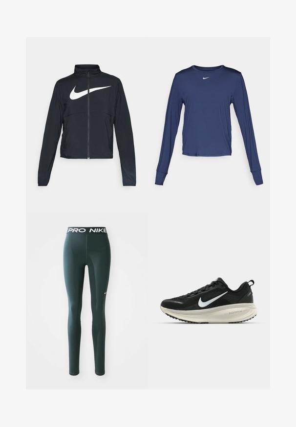 Črna športna jakna z polnim zadrgo, visokim ovratnikom, dolgimi rokavi in velikim belim logotipom Nike swoosh čez prsi.; Mornarski majica s dolgimi rokavi za šport, izdelana iz lahkega materiala, s krožnim izrezom in majhnim belim logotipom na prsih.; Temnozeleni legice iz raztegljivega materiala, z širokim pasom, ki ima logo "PRO NIKE" in majhnim belim Nike swooshom na strani.; Črne Nike tekaške čevlje z zračno mrežno zgornjim delom, belim logotipom Swoosh, teksturiranimi detajli in smetanasto barvnim srednjim delom ZoomX.