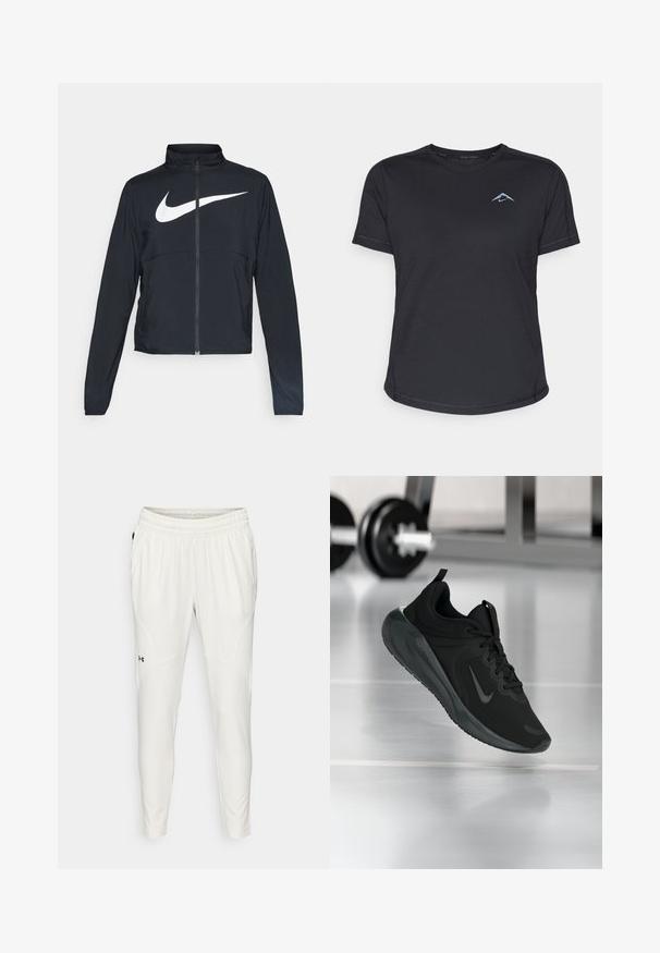 Schwarze Sportjacke mit vollem Reißverschluss, hohem Kragen, langen Ärmeln und großem weißen Nike-Swoosh-Logo auf der Brust.; Schwarzes kurzärmliges Sportshirt mit Rundhalsausschnitt, glattem Stoff und reflektierendem blauen Logo auf der linken Brust. Genähte Details entlang der Nähte.; Leichte, cremefarbene Sporthosen mit elastischem Bund, schmalem Schnitt, Seitentaschen und einem kleinen schwarzen Logo am linken Bein.; Schwarzer Sportsneaker mit Nike-Logo, mid-air über dem Boden des Fitnessstudios, mit unscharfem Hantelregal im Hintergrund.