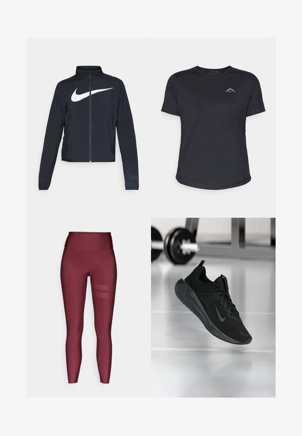 Zwarte sportjas met volledige rits, hoge kraag, lange mouwen en groot wit Nike swoosh-logo op de borst.; Zwart sportshirt met korte mouwen en ronde hals, van soepel materiaal, met reflecterend blauw logo op de linkerkant van de borst. Gestikte details langs de naden.; Bordeaux lange leggings met een hoge tailleband, gemaakt van gladde, rekbare stof, met horizontale gaasstrepen aan de zijkanten.; Zwarte sportsneaker met Nike-logo, weergegeven in de lucht boven de gymvloer, met een vervaagde halterrek op de achtergrond.