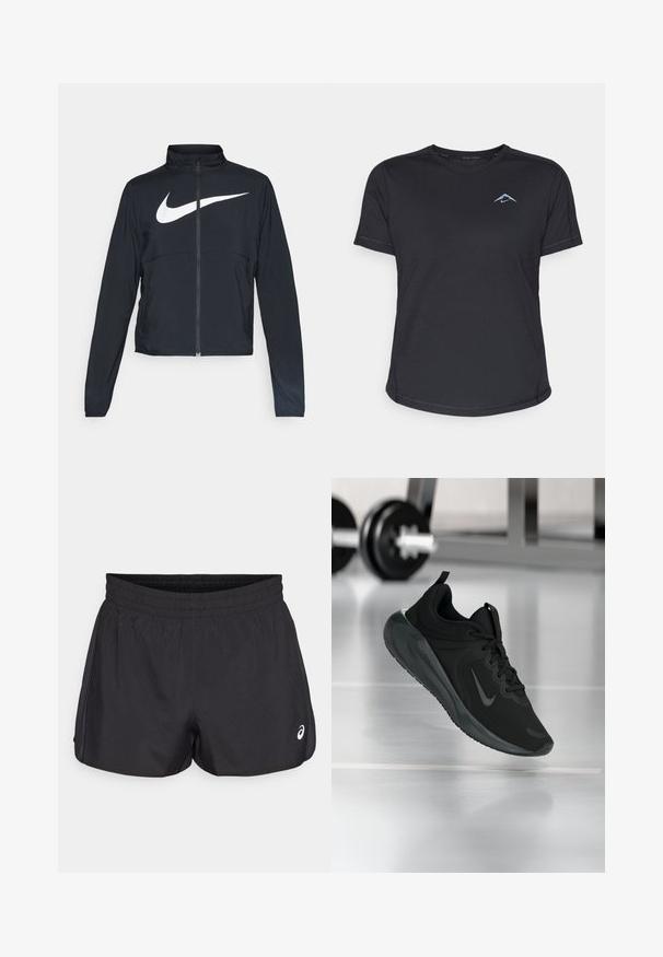 Veste de sport noire zippée sur toute la longueur avec un col haut, des manches longues et un grand logo Nike swoosh blanc sur la poitrine.; T-shirt de sport noir à manches courtes avec un col rond, en tissu lisse, et un logo bleu réfléchissant sur la poitrine gauche. Détails cousus le long des coutures.; Shorts de sport noirs avec une taille élastique, texture lisse, ourlet arrondi et accents en mesh sur les côtés. Présente un petit logo à l'avant.; Baskets de sport noires avec le logo Nike, montrées en l'air au-dessus d'un sol de gym, avec un rack de haltères flou en arrière-plan.