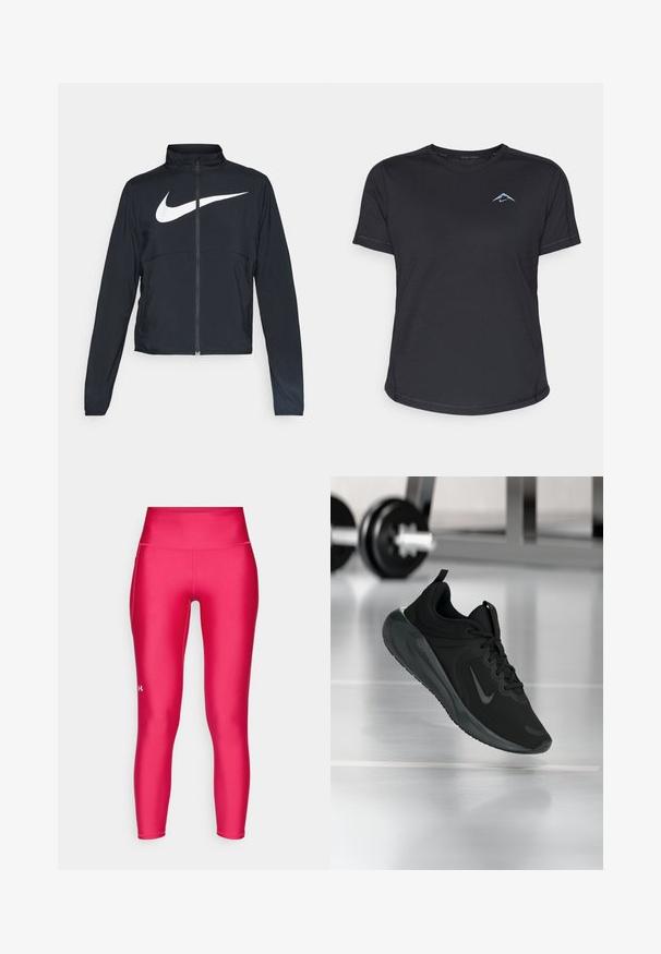 Schwarze Sportjacke mit vollem Reißverschluss, hohem Kragen, langen Ärmeln und großem weißen Nike-Swoosh-Logo auf der Brust.; Schwarzes kurzärmliges Sportshirt mit Rundhalsausschnitt, glattem Stoff und reflektierendem blauen Logo auf der linken Brust. Genähte Details entlang der Nähte.; Enganliegende Leggings in leuchtendem Pink, aus glattem, dehnbarem Stoff gefertigt. Verfügt über einen hohen Bund und ein kleines Logo in Weiß am Unterschenkel.; Schwarzer Sportsneaker mit Nike-Logo, mid-air über dem Boden des Fitnessstudios, mit unscharfem Hantelregal im Hintergrund.