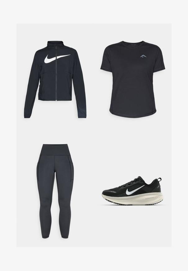 Černá sportovní bunda na zip s vysokým límcem, dlouhými rukávy a velkým bílým logem Nike swoosh přes prsa.; Černé atletické tričko s krátkým rukávem a kulatým výstřihem, hladká tkanina a reflexní modré logo na levé straně hrudi. Prošité detaily podél švů.; Černé legíny s vysokým pasem vyrobené z pružné, hladké látky. Mají dvě boční kapsy a kontrastní švy podél švů.; Černá běžecká obuv Nike s prodyšným síťovaným svrškem, bílým logem swoosh, texturovanými detaily a krémovou mezipodešví ZoomX.