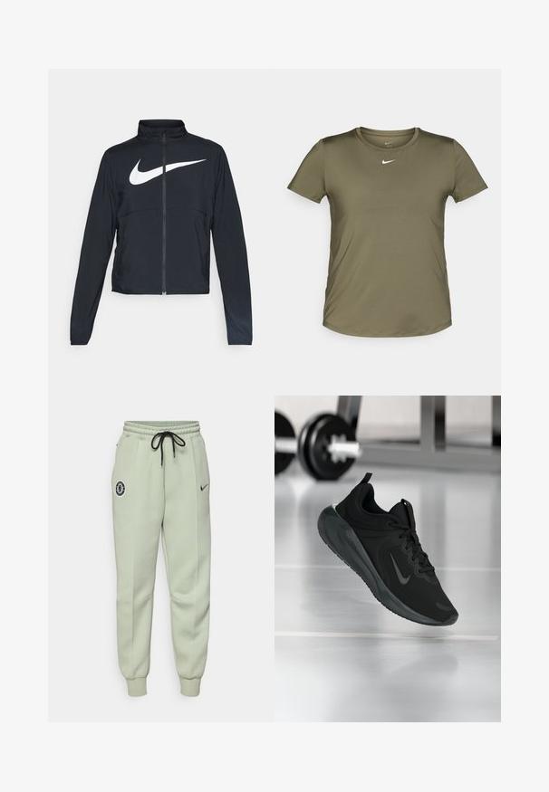 Crna sportska jakna s punim patentnim zatvaračem, visokim ovratnikom, dugim rukavima i velikim bijelim Nike swoosh logom preko grudi.; Maslinasto zelena majica s kratkim rukavima Nike s okruglim izrezom, izrađena od glatke tkanine, s malim bijelim logotipom na prsima.; Svijetlozeleni Nike trenirci s elastičnom trakom u struku, vezicom, bočnim džepovima i logom Chelsea FC na lijevom bedru.; Crna sportska tenisica s Nike logotipom, prikazana u zraku na podu teretane, s mutnom stalcem za bučice u pozadini.