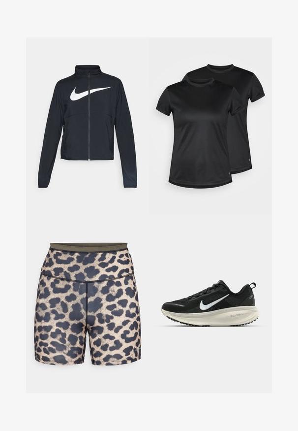 Svart joggebund med hel glidelås, høy krage, lange ermer og stort hvitt Nike swoosh-logo over brystet.; Sorte t-skjorter med korte ermer laget av glatt, pustende stoff med rund hals. To skjorter vist, begge med en diskret logodetalj.; Shorts med leopardmønster og mørk midje, laget av glatt syntetisk materiale. Har svarte og beige mønstre, sydd sømmer og logodetalj.; Svart Nike løpesko med pustende mesh-overdel, hvit swoosh-logo, teksturert detaljer og en kremfarget ZoomX mellomsåle.