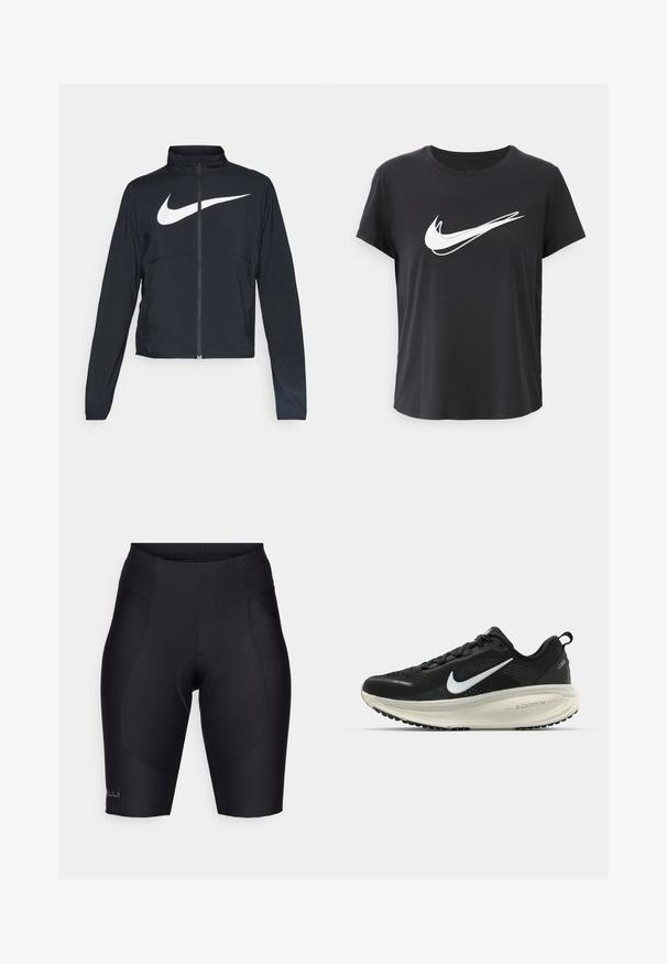 Černá sportovní bunda na zip s vysokým límcem, dlouhými rukávy a velkým bílým logem Nike swoosh přes prsa.; Černé tričko s krátkým rukávem vyrobené z hladkého materiálu, s výrazným bílým logem Nike swoosh across hrudník. Jednoduchý, kulatý výstřih.; Černé cyklistické kraťasy z pružného materiálu, s polstrovanou vložkou, elastickým pasem a hladkými švy pro dokonale padnoucí střih.; Černá běžecká obuv Nike s prodyšným síťovaným svrškem, bílým logem swoosh, texturovanými detaily a krémovou mezipodešví ZoomX.