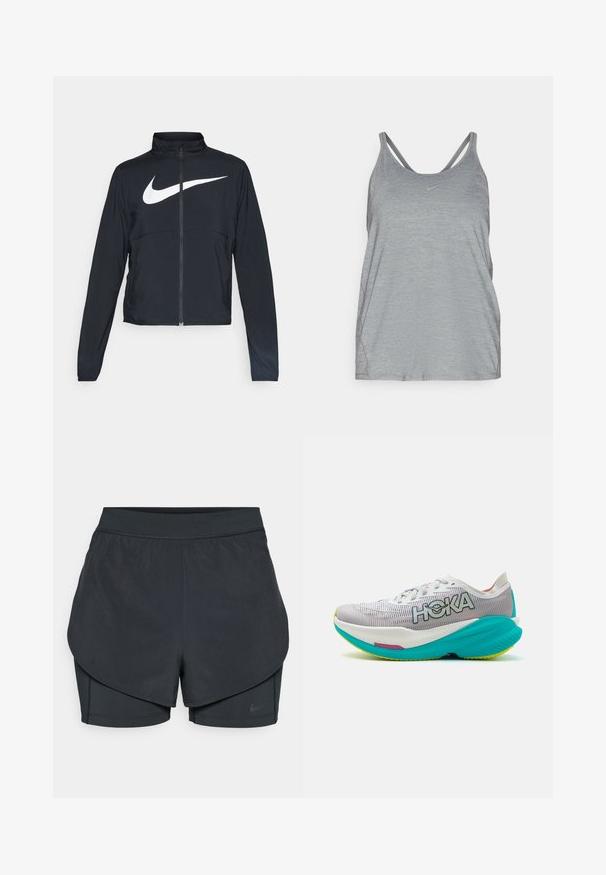 Musta urheilutakki, jossa on täysivetoketju, korkea kaulus, pitkät hihat ja suuri valkoinen Nike-tikkauksella rintaosa.; Harmaa urheilullinen tank top, jossa on pehmeä ja teksturoitu kangas, kaksoishihnasuunnittelu ja pieni Nike-logo rinnassa.; Mustat urheilushortsit kerroksellisella designilla, joissa on sileä ulkopinta ja tiukasti istuvat sisäshortsit. Valmistettu kevyestä, joustavasta kankaasta.; Juoksukengät, joissa on valkoinen ja harmaa hengittävä verkko-osa, kirkas turkoosi pohja ja HOKA-logot. Ominaisuuksiin kuuluu pehmustettu muotoilu korostuksilla.