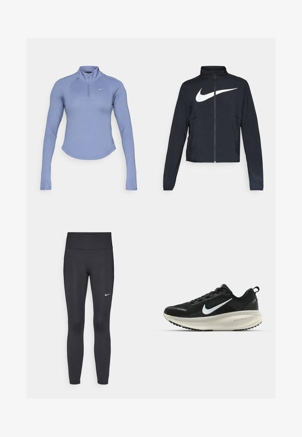 Melnā sporta jaka ar pilnu rāvējslēdzēju, augstu apkakli, garām piedurknēm un lielu baltu Nike swoosh logotipu krūšu daļā.; Gaiši zils garenām piedurknēm ar rāvējslēdzēju tops, izgatavots no gludas, elastīgas materiāla. Iezīmē augstu kaklu un mazu logotipu kreisajā krūtīs.; Melnas legingi, izgatavoti no elastīga auduma, ar augstu jostu un baltu Nike logotipu kreisajā augšstilbā. Gluda tekstūra, piegulošs dizains.; Melnas Nike skriešanas kurpes ar elpojošu acs augšdaļu, baltu Swoosh logotipu, strukturētu apdari un krēmkrāsas ZoomX starpsole.