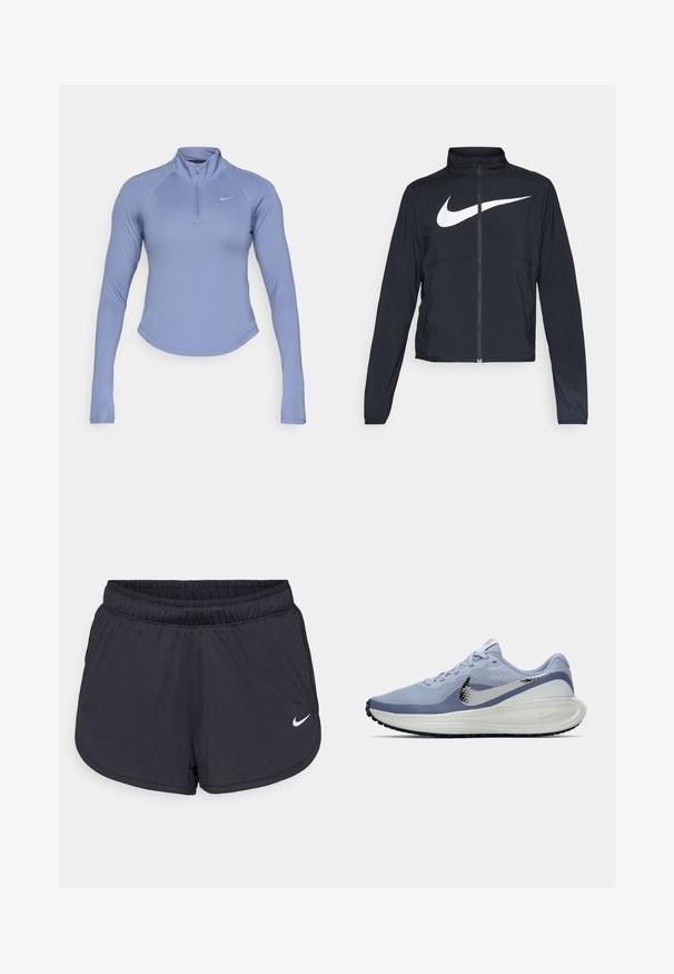 Sort fuld-zip sportsjakke med høj krave, lange ærmer og stort hvidt Nike swoosh-logo på brystet.; Lyseblå langærmet zip-up top lavet af glat, strækbart materiale. Har en høj krave og et lille logo på venstre bryst.; Sorte atletiske shorts lavet af letvægts, åndbart stof. Har en elastisk talje og hvidt Nike-logo på nederste højre side.; Lysblå og hvid Nike løbesko med sølv swoosh, åndbart mesh-overdel, polstret sål og sort yttersålsmønster.