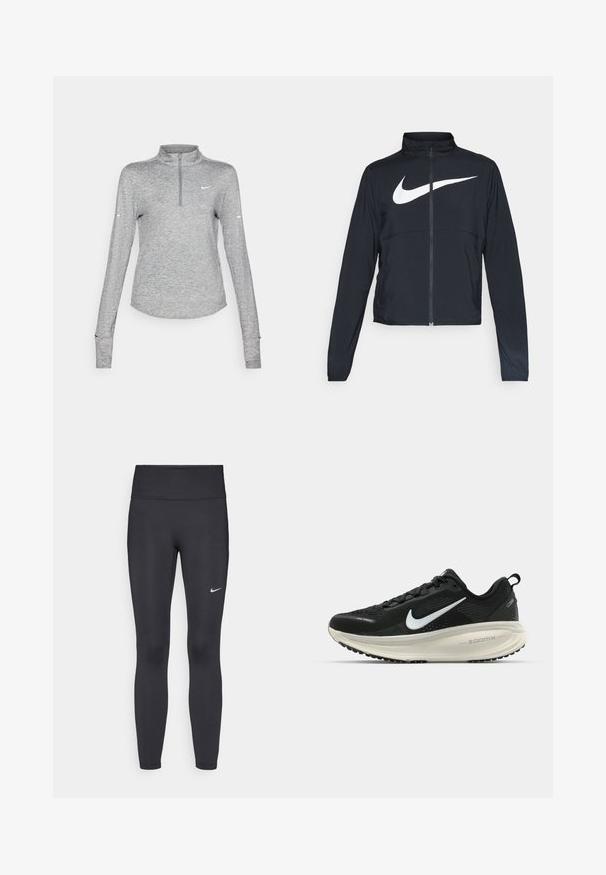 Czarna bluza sportowa na zamek błyskawiczny z wysokim kołnierzem, długimi rękawami i dużym białym logo Nike na klatce piersiowej.; Jasnoszara sportowa koszulka z długimi rękawami i kołnierzem z półzamkiem, wykonana z oddychającego materiału, z małym logo na lewej piersi.; Czarne legginsy z elastycznego materiału, z wysokim pasem i białym logo Nike na lewym udzie. Gładka tekstura, dopasowany krój.; Czarna biegowa półbut z oddychającej siateczki, białym logo swoosh, teksturowanymi detalami oraz kremową podeszwą środkową ZoomX.