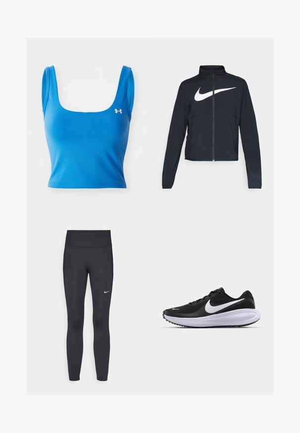 Černá sportovní bunda na zip s vysokým límcem, dlouhými rukávy a velkým bílým logem Nike swoosh přes prsa.; Modrý sportovní crop top s obdélníkovým výstřihem a tenkými ramínky. Vyrobený z hladkého, elastického materiálu. Na levé straně se nachází logo.; Černé legíny vyrobené z elastického materiálu, s vysokým pasem a bílým logem Nike na levém stehně. Hladká textura, přiléhavý střih.; Černá atletická bota s texturovaným síťovaným svrškem, bílým logem swoosh, polstrovaným límcem a silnou, odpruženou bílou mezipodešví. Gumová podešev.