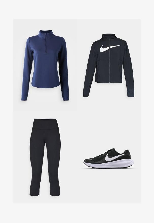 Sort fuld-zip sportsjakke med høj krave, lange ærmer og stort hvidt Nike swoosh-logo på brystet.; Marineblå langærmet top med høj krave og kvart lynlås. Glat tekstur, figursyet design og syning detaljer omkring halsudskæringen.; Sorte cropped leggings lavet af stretchy materiale, med en høj talje og blød tekstur, uden synlige mønstre eller hardware.; Sort atletiksko med en struktureret mesh-overdel, hvid swoosh-logo, polstret krave og en tyk, dæmpet hvid mellemsål. Gummiydersål.