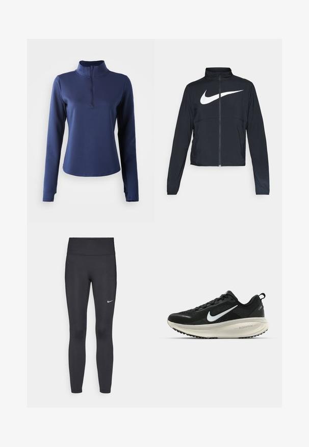 Čierna športová bunda na zips s vysokým golierom, dlhými rukávmi a veľkým bielym logom Nike na hrudi.; Námornícky modrý dlhý rukáv s vysokým golierom a štvrťzipom. Hladká textúra, priliehavý strih a prešitie okolo výstrihu.; Čierne legíny z elastického materiálu, s vysokým pásom a bielym logom Nike na ľavom stehne. Hladká textúra, priliehavý dizajn.; Čierne bežecké topánky Nike s priedušnou sieťovinou, bielym logom s symbolom swoosh, textúrovanými detailmi a krémovou ZoomX medzipodrážkou.