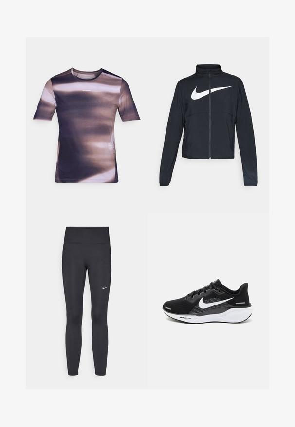 Chaqueta deportiva negra de cremallera completa con cuello alto, mangas largas y gran logo de Nike en blanco en el pecho.; Camiseta deportiva de manga corta en tonos degradados de púrpura y marrón, con un tejido texturizado, escote redondo y detalle del logotipo.; Leggings negras de tela elástica, con una cintura alta y un logo blanco de Nike en el muslo izquierdo. Textura suave, diseño ajustado.; Zapatilla deportiva negra con parte superior de malla, un logo de Nike en blanco y una suela blanca acolchada con detalles texturizados.