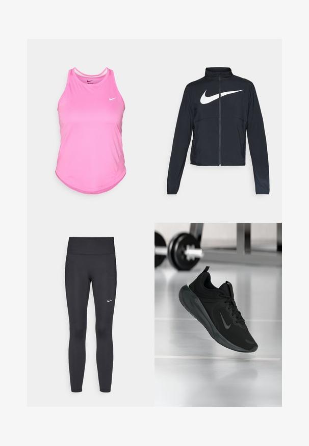 Zwarte sportjas met volledige rits, hoge kraag, lange mouwen en groot wit Nike swoosh-logo op de borst.; Roze sportieve tanktop met een afgeronde onderrand, gemaakt van een gladde, lichte stof; heeft een klein wit Nike-logo aan de voorkant.; Zwarte legging van rekbare stof met een hoge tailleband en een wit Nike-logo op de linkerdij. Gladde textuur, aansluitend ontwerp.; Zwarte sportsneaker met Nike-logo, weergegeven in de lucht boven de gymvloer, met een vervaagde halterrek op de achtergrond.