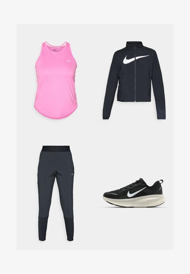 Black full-zip sports jacket with high collar, long sleeves, and large white Nike swoosh logo across the chest.; Pink athletic tank top with a rounded hem, made of smooth, lightweight fabric; features a small white Nike logo on the front.; Nike athletic pants in dark gray, featuring a tapered leg design, elastic waistband, and accent details near the cuffs.; Black Nike running shoe with breathable mesh upper, white swoosh logo, textured detailing, and a cream-colored ZoomX midsole.