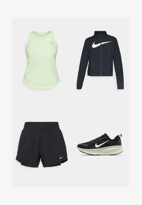 Crna sportska jakna s punim patentnim zatvaračem, visokim ovratnikom, dugim rukavima i velikim bijelim Nike swoosh logom preko grudi.; Svijetlozeleni atletski top bez rukava izrađen od prozračnog materijala, s okruglim izrezom, širokim naramenicama i malim sivim logotipom na prsima.; Crne sportske kratke hlače s naboranom elastičnom trakom u struku, podstavljene, s bijelim Nike logom na donjoj lijevoj strani. Glatka, lagana tkanina.; Crne Nike trkačke tenisice s prozračnom mrežastom gornjom konstrukcijom, bijelim swoosh logotipom, teksturiranim detaljima i kremastom ZoomX srednjom potplatnom jedinicom.