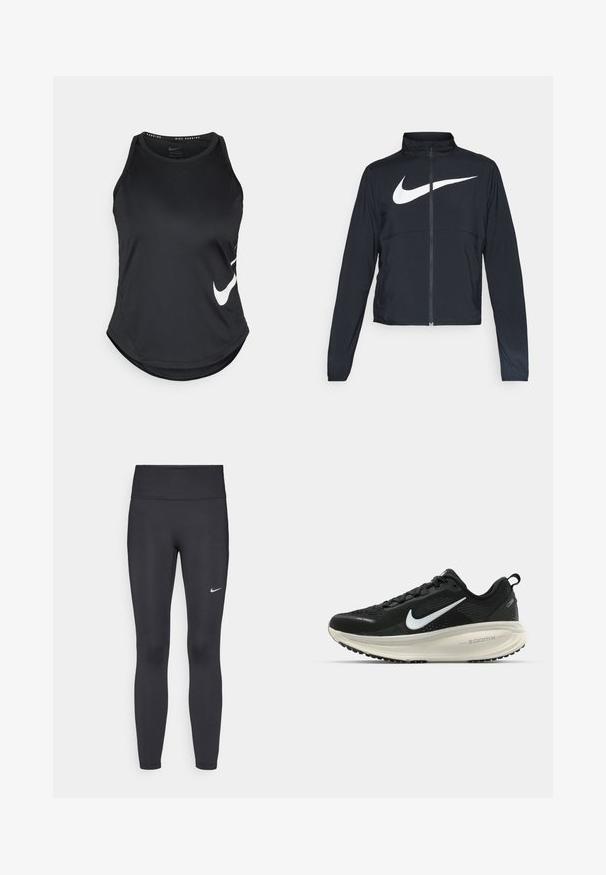Černá sportovní bunda na zip s vysokým límcem, dlouhými rukávy a velkým bílým logem Nike swoosh přes prsa.; Černý sportovní tílko vyrobené z hladkého materiálu, s zaobleným lemem a výrazným bílým logem Nike na levé straně.; Černé legíny vyrobené z elastického materiálu, s vysokým pasem a bílým logem Nike na levém stehně. Hladká textura, přiléhavý střih.; Černá běžecká obuv Nike s prodyšným síťovaným svrškem, bílým logem swoosh, texturovanými detaily a krémovou mezipodešví ZoomX.