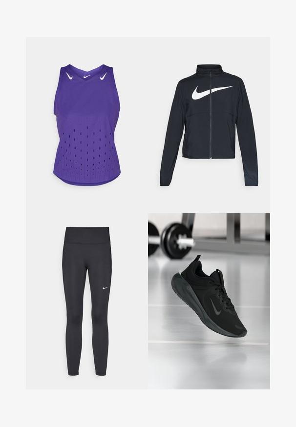 Črna športna jakna z polnim zadrgo, visokim ovratnikom, dolgimi rokavi in velikim belim logotipom Nike swoosh čez prsi.; Vijolična športna majica brez rokavov z V-izrezom, ki vsebuje bele Nike logotipe in perforirane piko vzorce za ventilacijo. Mehka tkanina.; Črne legice iz elastične tkanine, z visokim pasom in belim Nike logo na levem stegnu. Gladka tekstura, oblikovno prilegajoč dizajn.; Črne športne teniske z logotipom Nike, prikazane v zraku na telovadni talni površini, v ozadju pa zamegljena vrsta uteži.