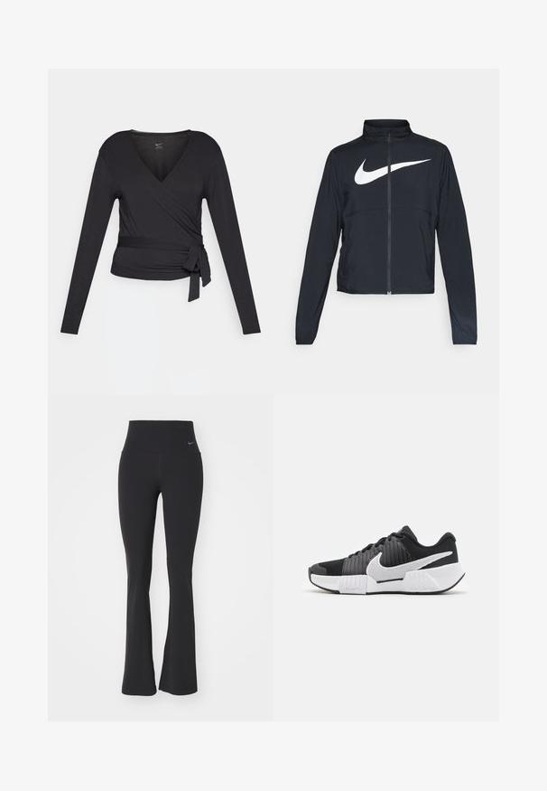 Fekete, teljes cipzáros sportdzseki magas gallérral, hosszú ujjal, amelyen egy nagy, fehér Nike logó található a mellkason.; Fekete, hosszú ujjú, V-nyakú blúz, oldalán megkötővel. Puha, sima anyagból készült, testhez álló fazon.; Fekete jóga nadrág magas derékkal, rugalmas anyagból készült. A nadrág jellegzetes harang alakú szabással rendelkezik, és a derékrészen egy kis Nike logó található.; Fekete-fehér sportcipők texturált felsőrésszel, kiemelkedő Nike pipa logóval és kontrasztos talpdesigntal a jobb tapadás és stabilitás érdekében.