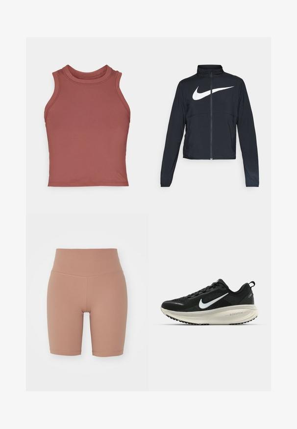 Zwarte sportjas met volledige rits, hoge kraag, lange mouwen en groot wit Nike swoosh-logo op de borst.; Mauve mouwloos crop top gemaakt van gladde, rekbare stof. Beschikt over een hoge hals en vlakke naden voor een minimalistisch ontwerp.; Hoge taille fietsbroek in een beige kleur, gemaakt van rekbaar materiaal, met een gladde textuur en schone naden voor comfort en pasvorm.; Zwarte Nike hardloopschoen met ademend mesh bovenwerk, witte swoosh-logo, gestructureerde details en een crèmekleurige ZoomX middenzool.