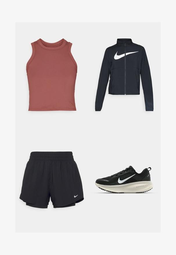 Fekete, teljes cipzáros sportdzseki magas gallérral, hosszú ujjal, amelyen egy nagy, fehér Nike logó található a mellkason.; Mauve színű, ujjatlan crop top, sima, rugalmas anyagból készült. Magas nyakú és lapos varrásokkal rendelkezik, minimalista dizajnnal.; Fekete sportnadrág, gumírozott derékpánttal, belső béléssel és fehér Nike logóval az alsó bal oldalon. Similaire, könnyű anyag.; Fekete Nike futócipő légáteresztő hálós felsőrésszel, fehér Swoosh logóval, textúrázott részletekkel és krém színű ZoomX középtalppal.