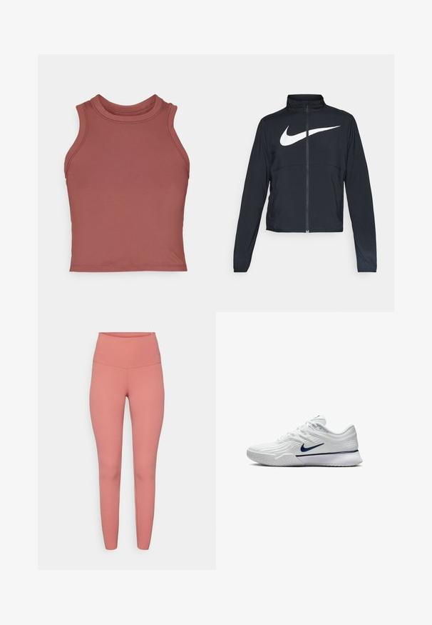 Schwarze Sportjacke mit vollem Reißverschluss, hohem Kragen, langen Ärmeln und großem weißen Nike-Swoosh-Logo auf der Brust.; Mauve ärmelloses Crop-Top aus glattem, dehnbarem Stoff. Verfügt über einen hohen Kragen und flache Nähte für ein minimalistisches Design.; Rosa high-waisted Leggings aus dehnbarem Material, mit glatter Textur und figurbetontem Design ohne sichtbare Muster oder Hardware.; Weißer Sportschuh mit einem strukturierten Mesh-Obermaterial, navyblauen Akzenten und einer gepolsterten Sohle mit einem rutschfesten Muster. Schnürsenkel in das Design integriert.