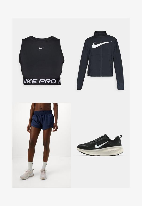 Giacca sportiva nera con zip completa, colletto alto, maniche lunghe e grande logo swoosh bianco Nike sul petto.; Top sportivo nero con collo alto e fascia spessa con "NIKE PRO" in bianco. Realizzato in materiale liscio e elastico. Logo Nike sul petto.; Donna che indossa pantaloni sportivi blu navy, calze bianche Nike e sneakers rosa chiaro Nike in piedi contro uno sfondo bianco semplice.; Scarpa da corsa nera Nike con tomaia in rete traspirante, logo Swoosh bianco, dettagli testurizzati e intersuola ZoomX di colore crema.