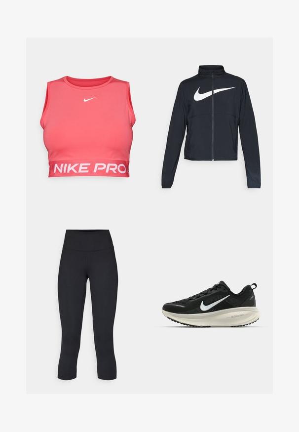 Chaqueta deportiva negra de cremallera completa con cuello alto, mangas largas y gran logo de Nike en blanco en el pecho.; Nike Performance PRO DF 365 CROP  - Top - aster pink/white; Leggings negros cortos hechos de tela elástica, con una cintura alta y una textura suave, sin patrones o herrajes visibles.; Zapatilla de running Nike negra con parte superior de malla transpirable, logo Swoosh blanco, detalles texturizados y una entresuela ZoomX de color crema.