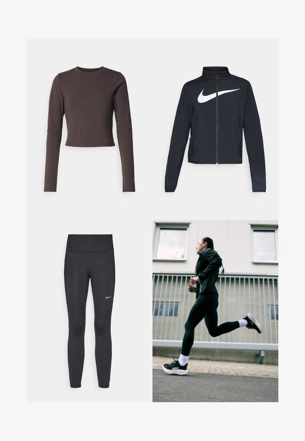 Czarna bluza sportowa na zamek błyskawiczny z wysokim kołnierzem, długimi rękawami i dużym białym logo Nike na klatce piersiowej.; Nike Performance - Bluzka z długim rękawem; Czarne legginsy z elastycznego materiału, z wysokim pasem i białym logo Nike na lewym udzie. Gładka tekstura, dopasowany krój.; Czarna kurtka sportowa z neonowymi akcentami, czarne legginsy i czarne buty do biegania z białymi podeszwami, na jasnoszarym tle.