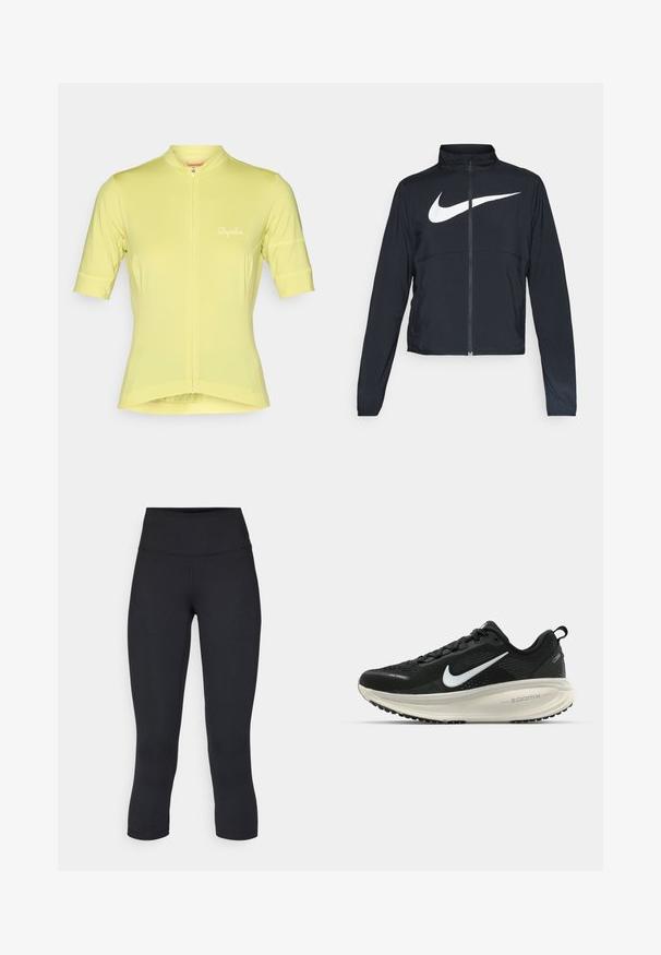 Crna sportska jakna s punim patentnim zatvaračem, visokim ovratnikom, dugim rukavima i velikim bijelim Nike swoosh logom preko grudi.; Kratka majica za biciklizam s kratkim rukavima u svijetložutoj boji, s djelomičnim prednjim zatvaračem i reflektirajućim logotipom "Rapha" na prsima. Glatka, elastična tkanina.; Crne skraćene tajice od rastezljivog materijala, s visokim strukom i glatkom teksturom, bez vidljivih uzoraka ili dodataka.; Crne Nike trkačke tenisice s prozračnom mrežastom gornjom konstrukcijom, bijelim swoosh logotipom, teksturiranim detaljima i kremastom ZoomX srednjom potplatnom jedinicom.
