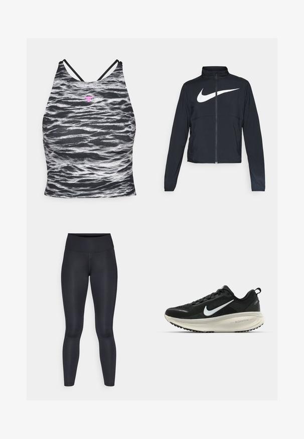 Schwarze Sportjacke mit vollem Reißverschluss, hohem Kragen, langen Ärmeln und großem weißen Nike-Swoosh-Logo auf der Brust.; Under Armour LETS GO - Top - black/vivid magenta; Schwarze Leggings aus glattem, dehnbarem Stoff. Hoher Bund ohne sichtbare Muster oder Akzente. Enganliegend von der Taille bis zu den Knöcheln.; Schwarzer Nike-Laufschuh mit atmungsaktivem Mesh-Obermaterial, weißem Swoosh-Logo, strukturierten Details und einer cremefarbenen ZoomX-Zwischensohle.