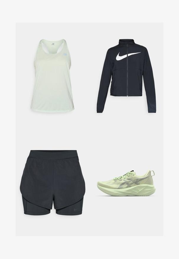 Juodas sportinis džemperis su visiškai užtraukiama užtrauktuku, aukšta apykakle, ilgomis rankovėmis ir dideliu baltu Nike swoosh logotipu per krūtinę.; Šviesiai žalia tinklinė maikutė su lenkta nugaros dalimi, papuošta subtiliu „New Balance“ logotipu šviesiai mėlyna spalva ir lygiu paviršiumi.; Juodi sportiniai šortai su sluoksniuota konstrukcija, turintys sklandų išorinį sluoksnį ir prigludusius vidinius šortus. Pagaminti iš lengvos, tamprios medžiagos.; Šviesiai žalia sportinė avalynė su tinklo apvalkalu, tekstūruotais akcentais ir storu, kampuotu padu, užtikrinančiu geresnį amortizavimą ir paramą.