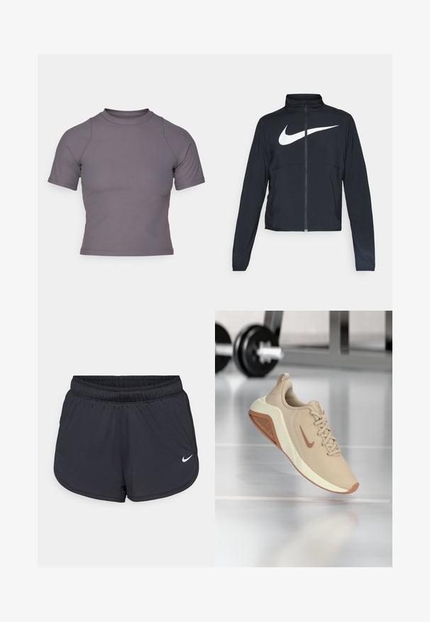 Black full-zip sports jacket with high collar, long sleeves, and large white Nike swoosh logo across the chest.; Short-sleeve, high-neck top in ribbed, gray fabric. Fitted design with flat seams and a smooth texture. No patterns or graphics present.; Black athletic shorts with an elastic waistband, featuring a sporty design and a white Nike logo on the lower front. Textured fabric.; Beige athletic shoe with a textured mesh upper, light-colored midsole, and contrasting brown outsole, featuring a subtle logo on the side.
