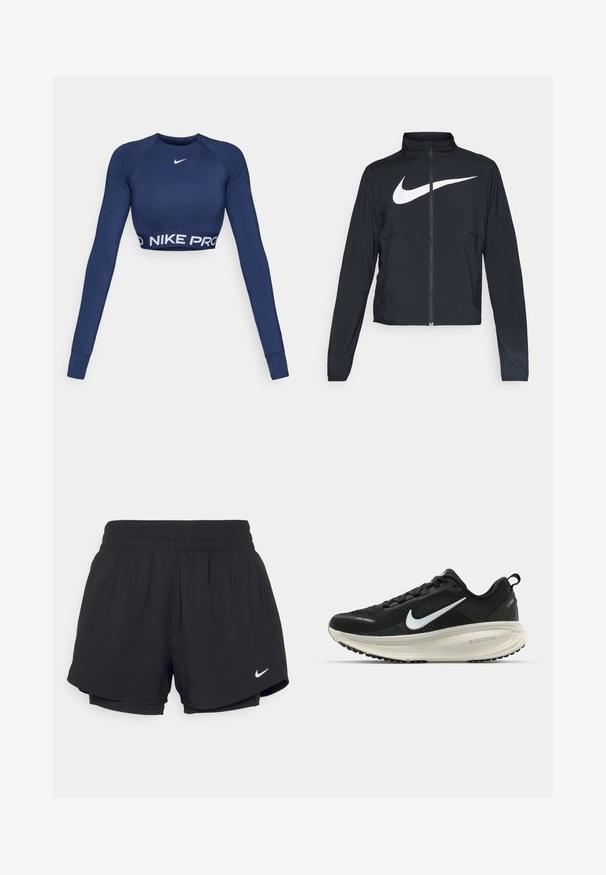 Fekete, teljes cipzáros sportdzseki magas gallérral, hosszú ujjal, amelyen egy nagy, fehér Nike logó található a mellkason.; Nike Pro hosszú ujjú cropped felső sötétkék színben. Kerek nyakkivágással és "NIKE PRO" logós pánttal a szegésen. Sima, rugalmas anyag.; Fekete sportnadrág, gumírozott derékpánttal, belső béléssel és fehér Nike logóval az alsó bal oldalon. Similaire, könnyű anyag.; Fekete Nike futócipő légáteresztő hálós felsőrésszel, fehér Swoosh logóval, textúrázott részletekkel és krém színű ZoomX középtalppal.