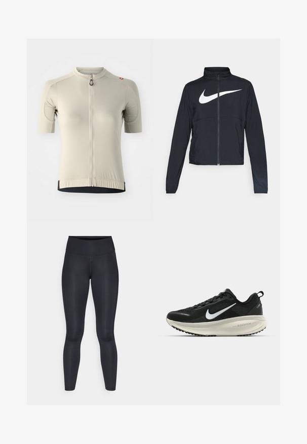 Černá sportovní bunda na zip s vysokým límcem, dlouhými rukávy a velkým bílým logem Nike swoosh přes prsa.; Kratký rukáv cyklistického dresu v světle béžové barvě, s plným předním zipem, žebrovanou strukturou a kontrastním černým lemem. Obsahuje logo.; Černé legíny vyrobené z hladké, elastické tkaniny. Vysoký pas bez viditelných vzorů nebo akcentů. Těsně přiléhají od pasu k kotníkům.; Černá běžecká obuv Nike s prodyšným síťovaným svrškem, bílým logem swoosh, texturovanými detaily a krémovou mezipodešví ZoomX.