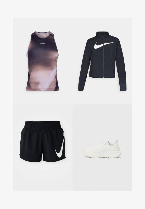 Černá sportovní bunda na zip s vysokým límcem, dlouhými rukávy a velkým bílým logem Nike swoosh přes prsa.; Pánské bezrukávové tričko v přechodových odstínech černé a hnědé, s síťovinovou texturou a plochými lemy pro větší pohodlí. Zobrazené logo značky.; Černé sportovní šortky s elastickým pasem, na přední straně s velkým bílým logem Nike a vyrobené z hladkého, lehkého materiálu.; Bílé sportovní boty s texturovaným svrškem, polstrovaným límcem a šněrováním. Mají zakřivenou podešví a decentní branding na straně.