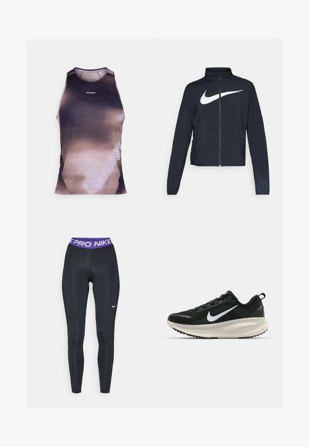 Melnā sporta jaka ar pilnu rāvējslēdzēju, augstu apkakli, garām piedurknēm un lielu baltu Nike swoosh logotipu krūšu daļā.; Vīriešu bez piedurknēm t-krekls ar melnbraunām gradienta krāsām, ar sieta tekstūru un plakaniem šuvēm komfortam. Izstādīta zīmola logo.; Melnas sporta legingi ar gludu tekstūru, ar purpura jostu, uz kuras ir uzraksts "NIKE PRO" un mazs balts Nike logo vienā pusē.; Melnas Nike skriešanas kurpes ar elpojošu acs augšdaļu, baltu Swoosh logotipu, strukturētu apdari un krēmkrāsas ZoomX starpsole.