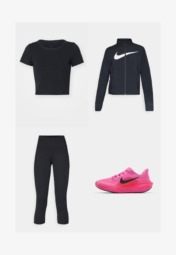 Czarna bluza sportowa na zamek błyskawiczny z wysokim kołnierzem, długimi rękawami i dużym białym logo Nike na klatce piersiowej.; Czarny krótki t-shirt wykonany z miękkiego, elastycznego materiału. Posiada okrągły dekolt i krótkie rękawy z prostym wzorem.; Czarne, krótkie legginsy wykonane z elastycznego materiału, z wysokim stanem i gładką strukturą, bez widocznych wzorów czy elementów metalowych.; Nike Performance AIR ZOOM PEGASUS 41 różowy