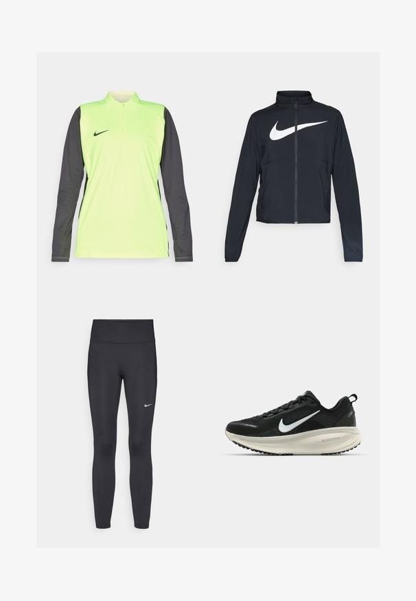 Svart joggebund med hel glidelås, høy krage, lange ermer og stort hvitt Nike swoosh-logo over brystet.; Langermet treningstopp i neon gul med mørkegrå ermer. Har en kvart glidelåskrage og en liten svart Nike-logo foran.; Sorte leggings laget av elastisk stoff, med høy livlinje og en hvit Nike-logo på venstre lår. Glatt tekstur, kroppsnær passform.; Svart Nike løpesko med pustende mesh-overdel, hvit swoosh-logo, teksturert detaljer og en kremfarget ZoomX mellomsåle.
