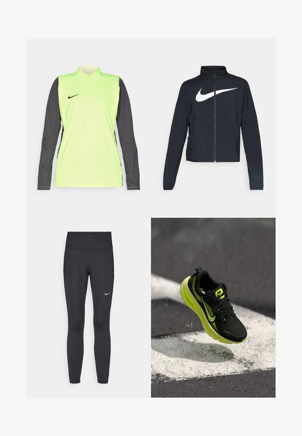 Czarna bluza sportowa na zamek błyskawiczny z wysokim kołnierzem, długimi rękawami i dużym białym logo Nike na klatce piersiowej.; Długorękawowa koszulka sportowa w neonowym żółtym kolorze z ciemnoszarymi rękawami. Posiada kołnierz z suwakiem na ćwierć oraz małe czarne logo Nike z przodu.; Czarne legginsy z elastycznego materiału, z wysokim pasem i białym logo Nike na lewym udzie. Gładka tekstura, dopasowany krój.; Czarny but do biegania z żółtymi akcentami, siateczkową cholewką, teksturowanym wzorem i widocznym logo marki. Lekka piankowa podeszwa zapewniająca amortyzację.