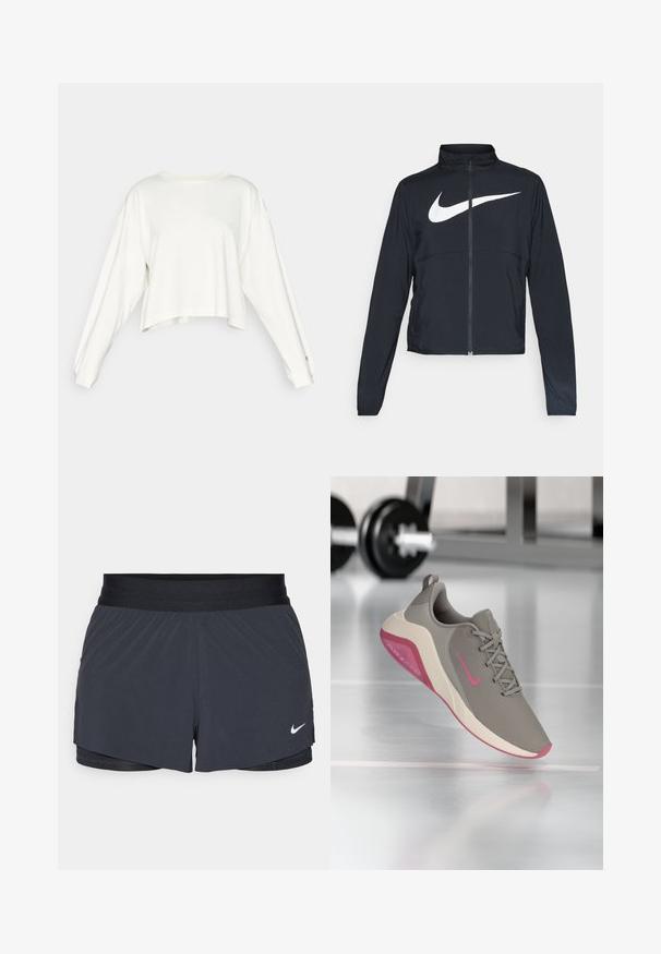 Svart sportjacka med hel dragkedja, hög krage, långa ärmar och stor vit Nike swoosh-logotyp över bröstet.; Vit kortärmad sweatshirt med långa ärmar, som har en avslappnad passform, ribbade manschetter och en liten logotyp på bröstet. Mjuk tyg med en slät textur.; Svarta idrottsshorts med elastisk midja, med en lagerdesign och en liten vit Nike-logga på nedre vänstra sidan. Lättviktig material.; Grå atletiska skor med rosa accenter, med ovandel av nätmaterial, dämpad sula och rund tådesign. Lätta med en strukturerad yta.