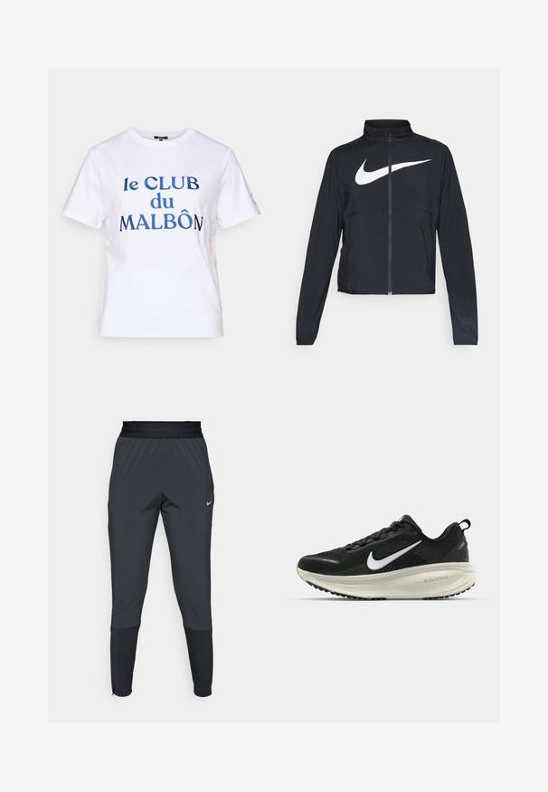 Čierna športová bunda na zips s vysokým golierom, dlhými rukávmi a veľkým bielym logom Nike na hrudi.; Biela bavlnená tričko s krátkymi rukávmi. Obsahuje modrý vyšitý nápis "le CLUB du MALBÔN." Klasický strih s okrúhlym výstrihom.; Športové nohavice Nike v tmavo sivej farbe, s členeným strihom na nohaviciach, elastickým pásom a akcentovanými detailmi pri manžetách.; Čierne bežecké topánky Nike s priedušnou sieťovinou, bielym logom s symbolom swoosh, textúrovanými detailmi a krémovou ZoomX medzipodrážkou.