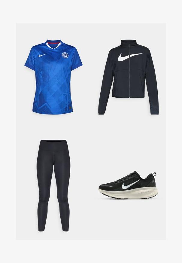 Jachetă sport neagră cu fermoar pe toată lungimea, guler înalt, mâneci lungi și un logo mare alb Nike swoosh pe piept.; Tricou de fotbal Nike albastru, cu un model geometric, guler în V cu accente roșii și logo-ul Chelsea FC brodat pe piept.; Leggings negre dintr-un material neted și elastic. Talie înaltă fără modele sau accente vizibile. Se potrivesc strâns de la talie până la glezne.; Pantofii de alergare negri de la Nike, cu parte superioară din plasă respirabilă, logo-ul alb Swoosh, detalii texturate și o talpă intermediară ZoomX de culoare crem.